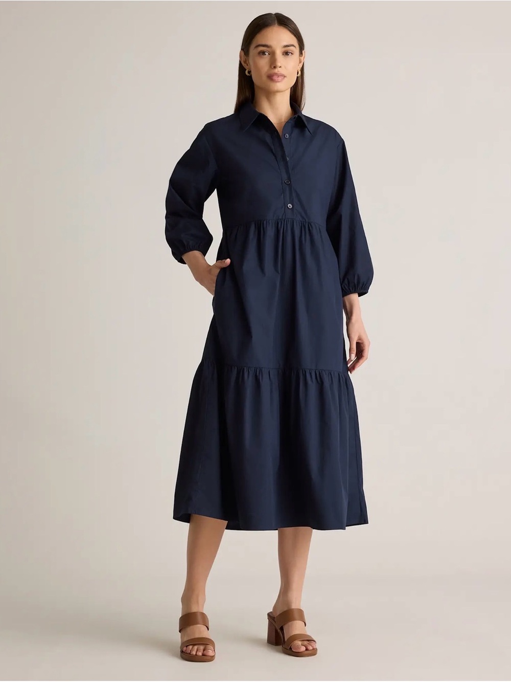 QUINCE 100% Organic Cotton Poplin Midi Tunic NAVY LARGE